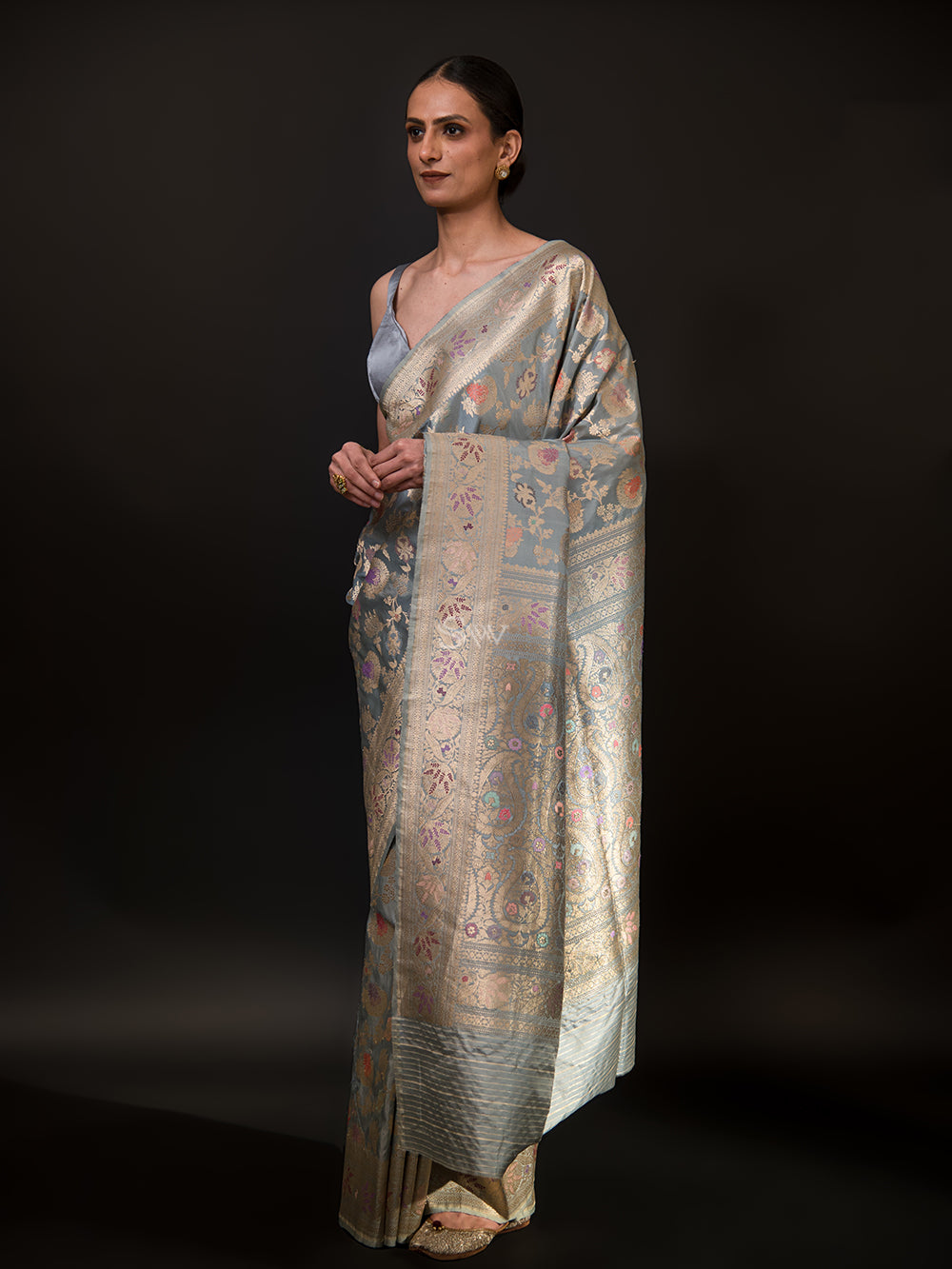Grey Meenakari Katan Silk Handloom Banarasi Saree - Sacred Weaves