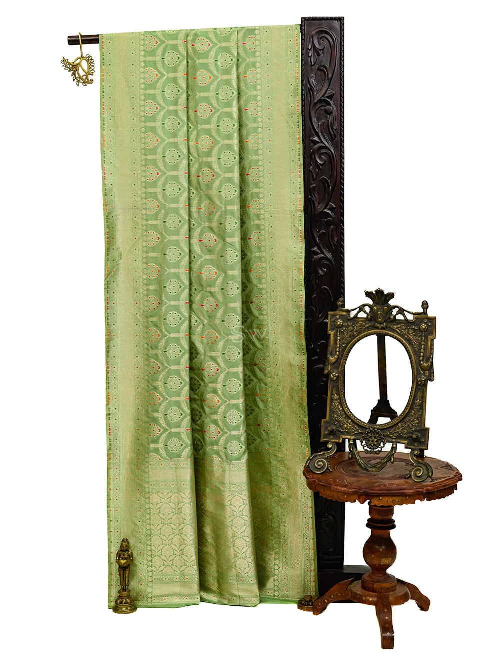 Pista Green Uppada Meenakari Jaal Katan Silk Handloom Banarasi Saree - Sacred Weaves