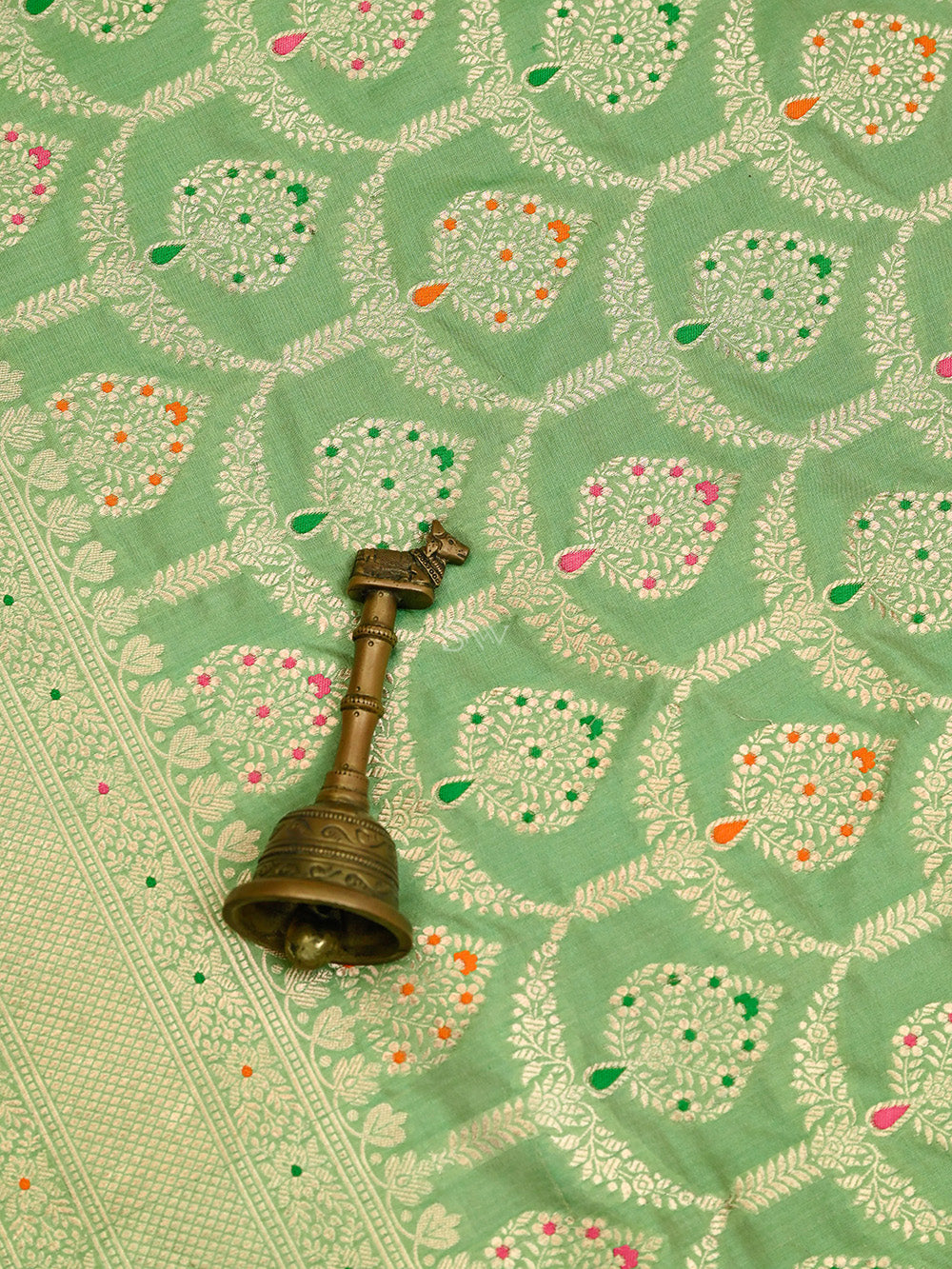 Pista Green Uppada Meenakari Jaal Katan Silk Handloom Banarasi Saree - Sacred Weaves