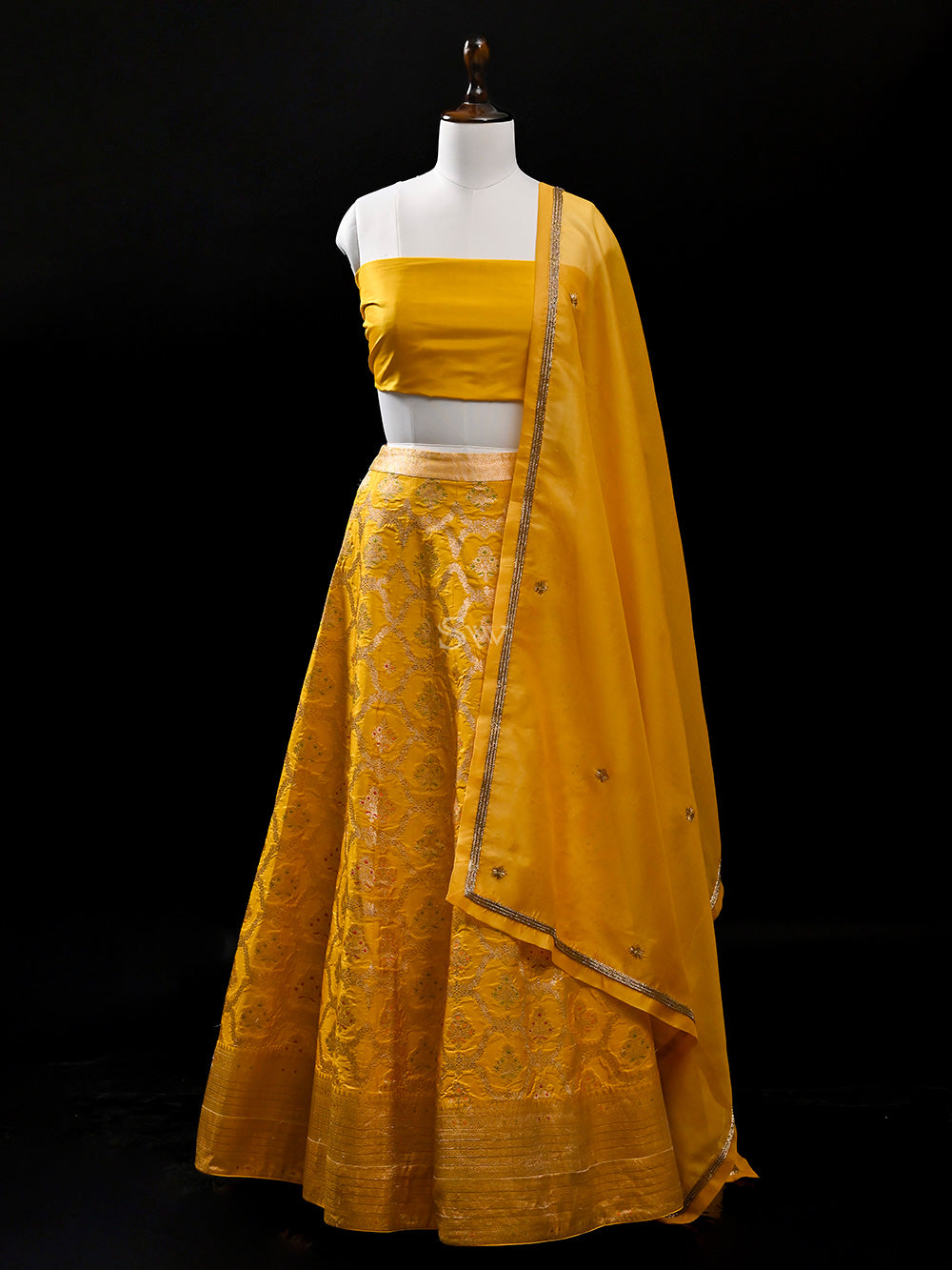 Mustard Meenakari Silk Handloom Banarasi Lehenga - Sacred Weaves