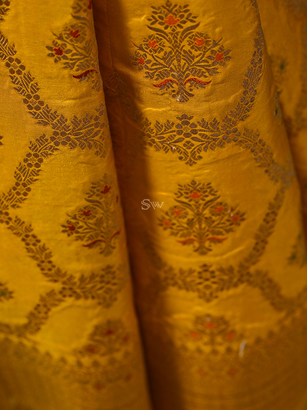 Mustard Meenakari Silk Handloom Banarasi Lehenga - Sacred Weaves