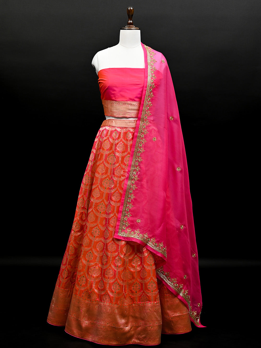 Pink Orange Meenakari Silk Handloom Banarasi Lehenga - Sacred Weaves