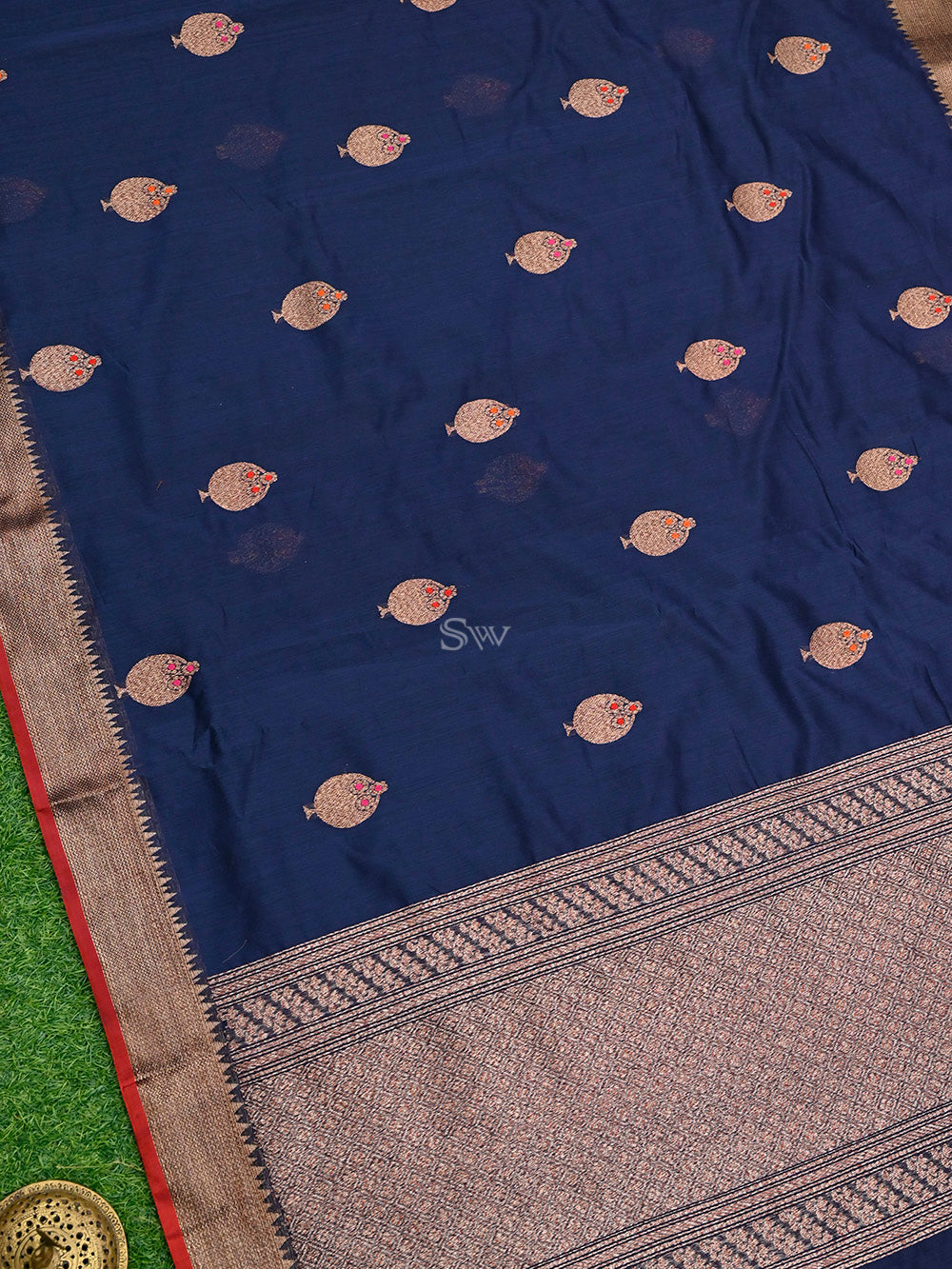 Navy Blue Boota Chanderi Silk Handloom Banarasi Saree - Sacred Weaves