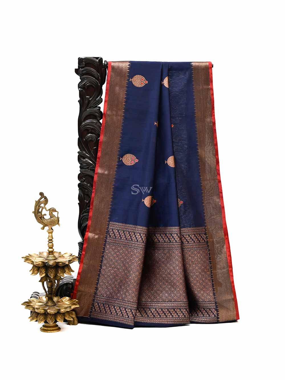 Navy Blue Boota Chanderi Silk Handloom Banarasi Saree - Sacred Weaves