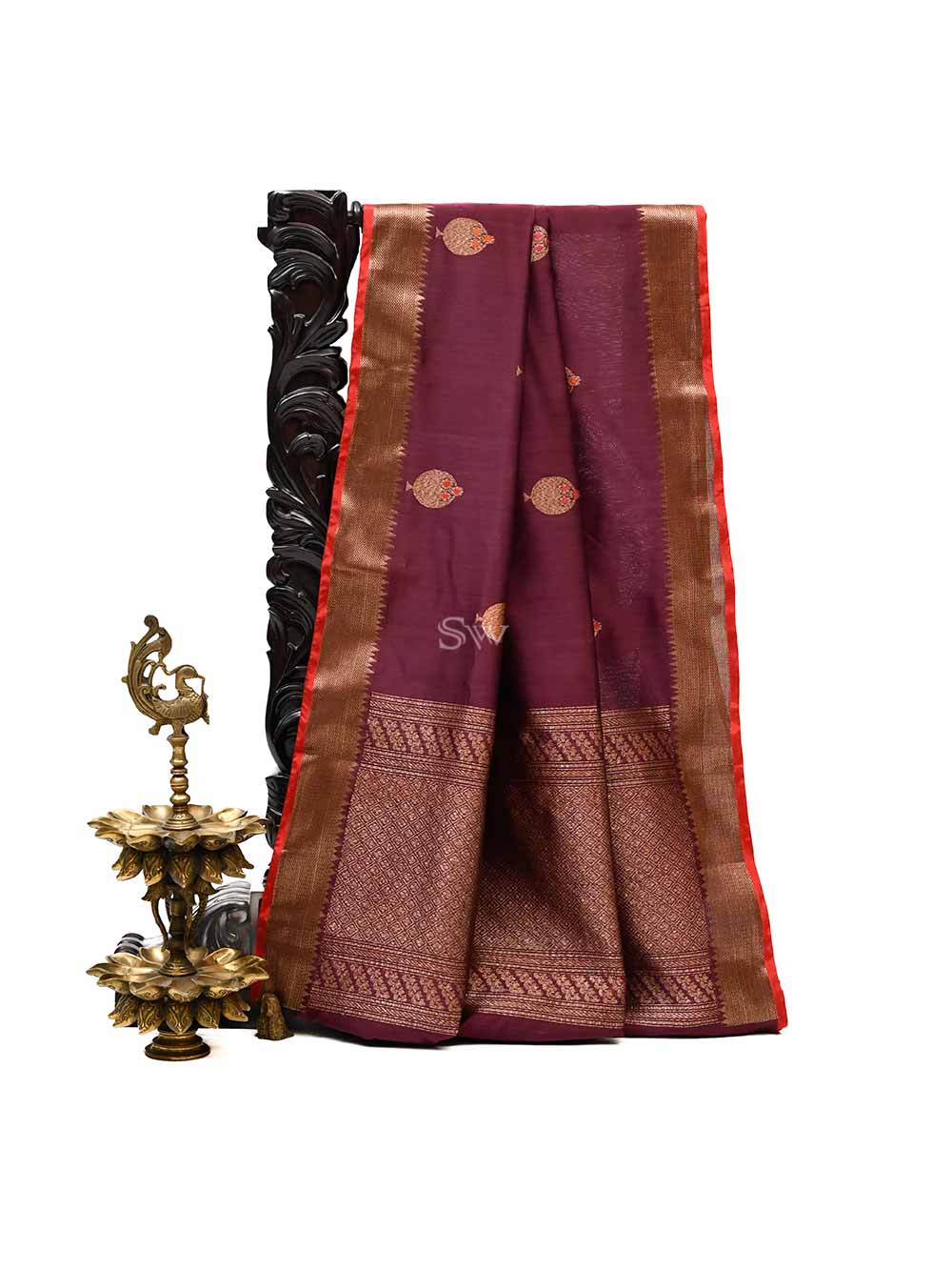 Dark Wine Boota Chanderi Silk Handloom Banarasi Saree - Sacred Weaves