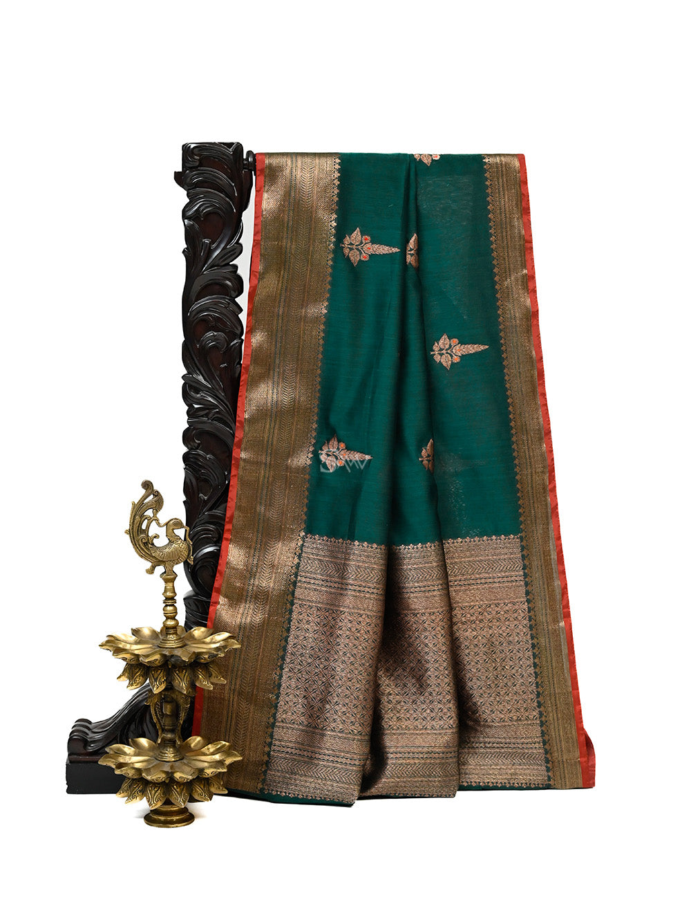Bottle Green Boota Chanderi Silk Handloom Banarasi Saree - Sacred Weaves