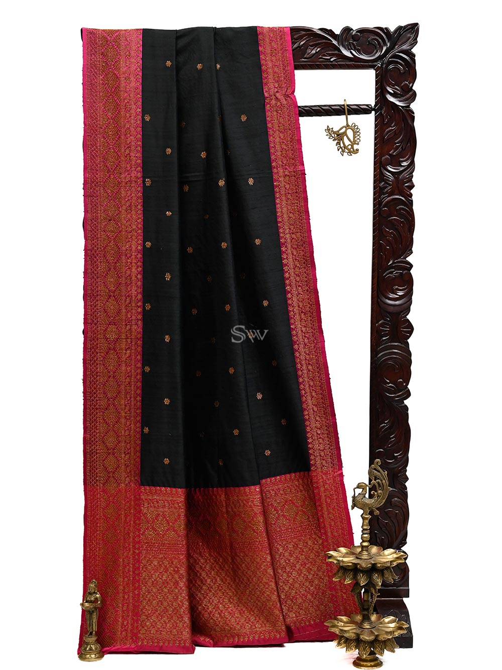 Black Booti Dupion Silk Handloom Banarasi Saree - Sacred Weaves