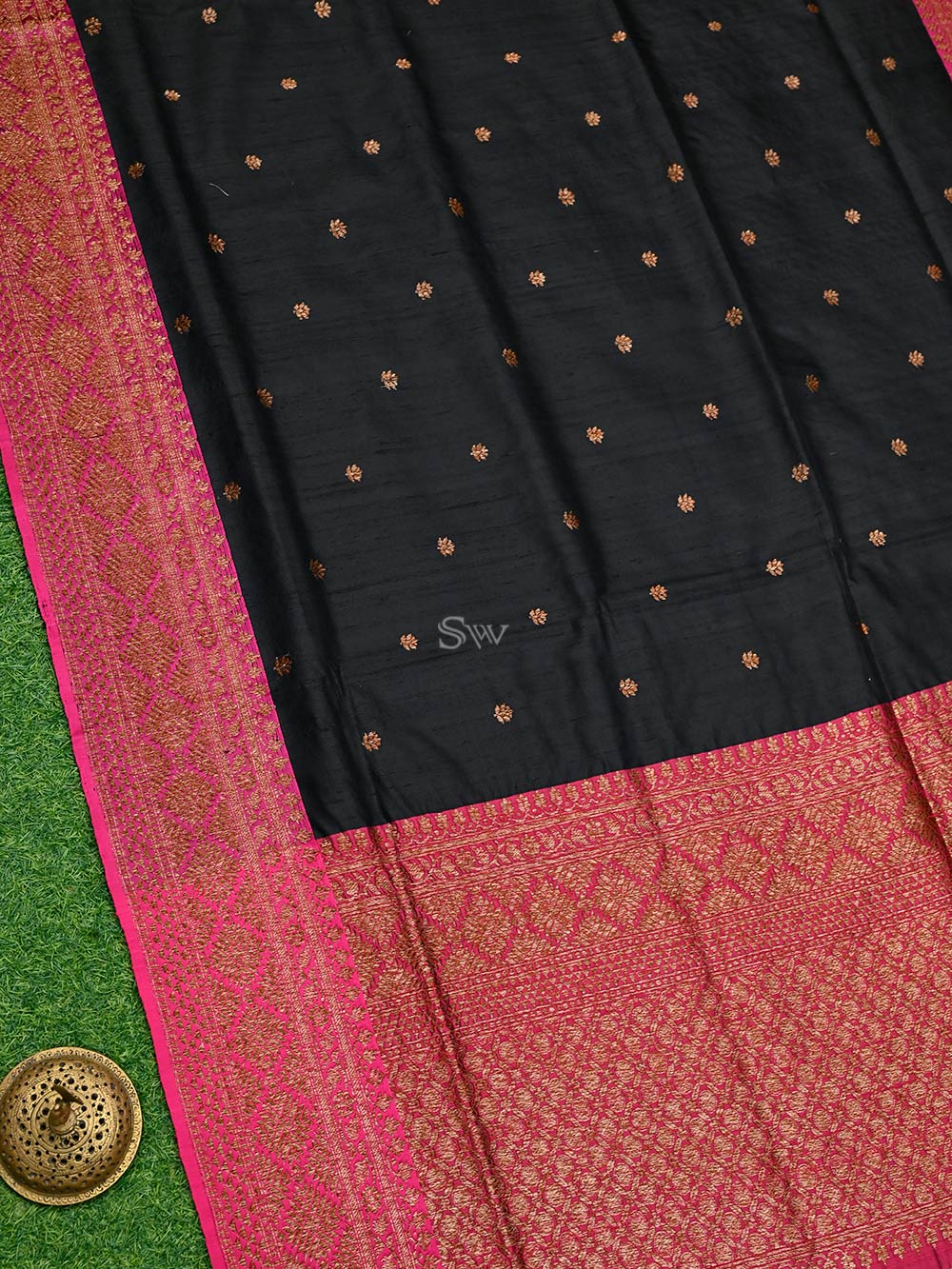 Black Booti Dupion Silk Handloom Banarasi Saree - Sacred Weaves