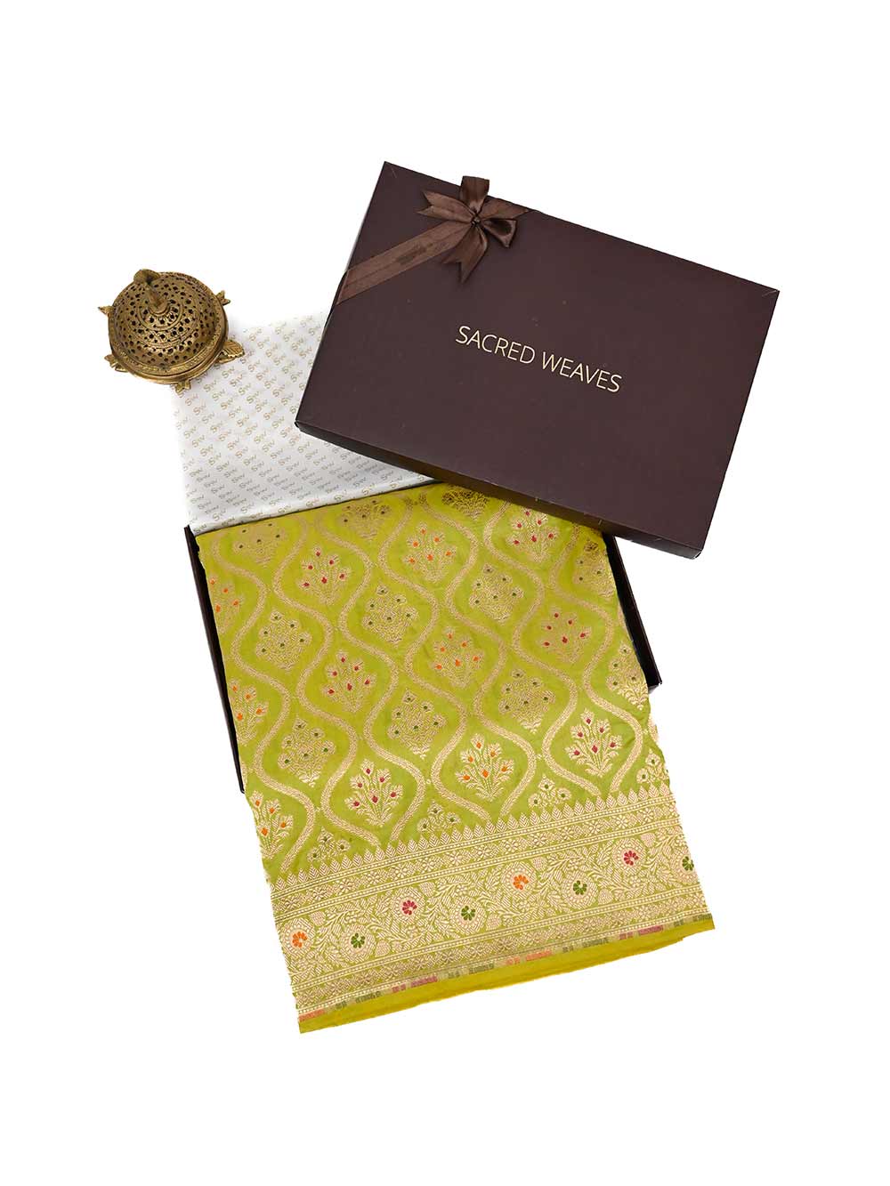 Lime Green Meenakari Uppada Katan Silk Handloom Banarasi Saree - Gift Box - Sacred Weaves