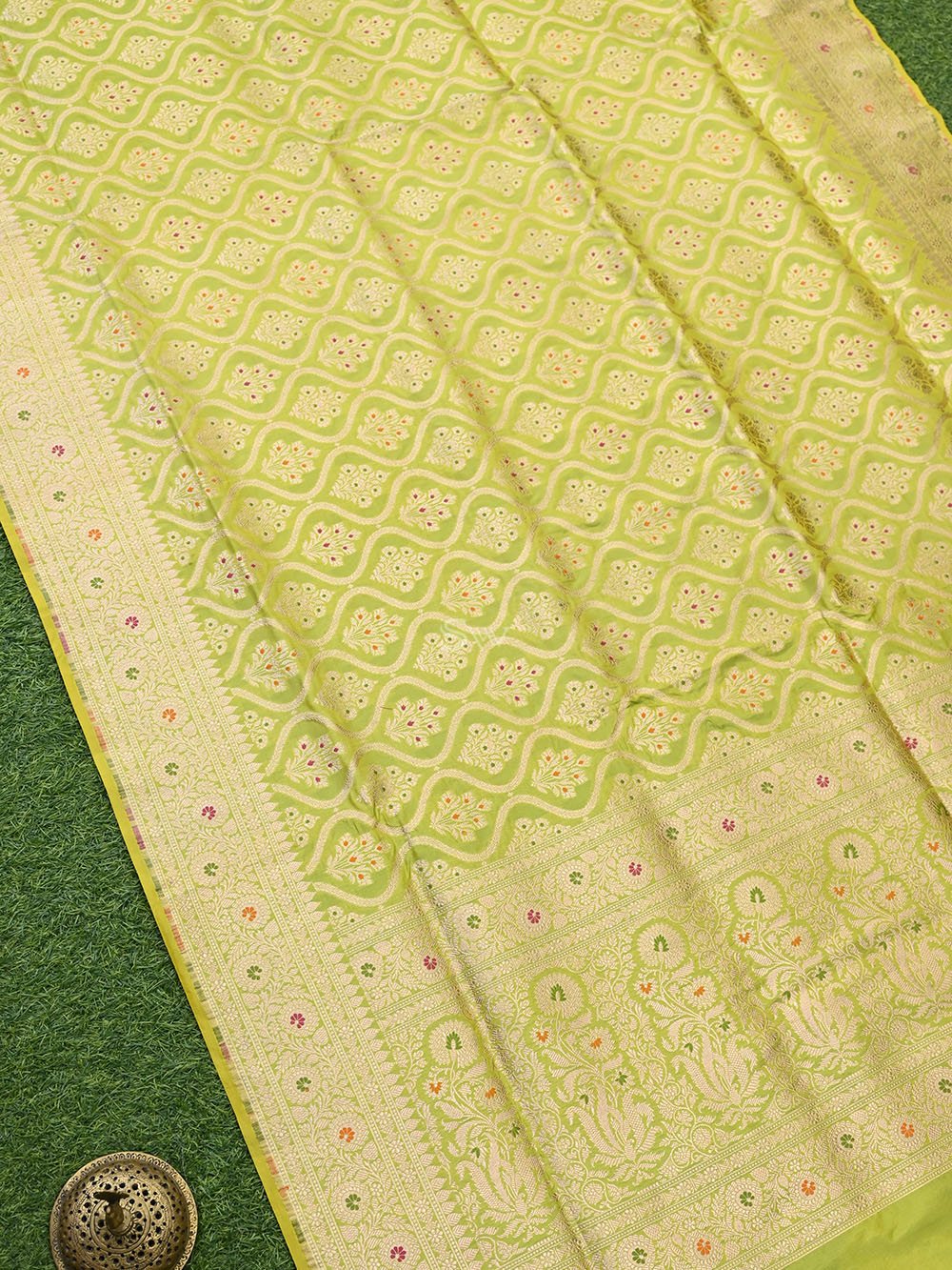 Lime Green Meenakari Uppada Katan Silk Handloom Banarasi Saree - Gift Box - Sacred Weaves