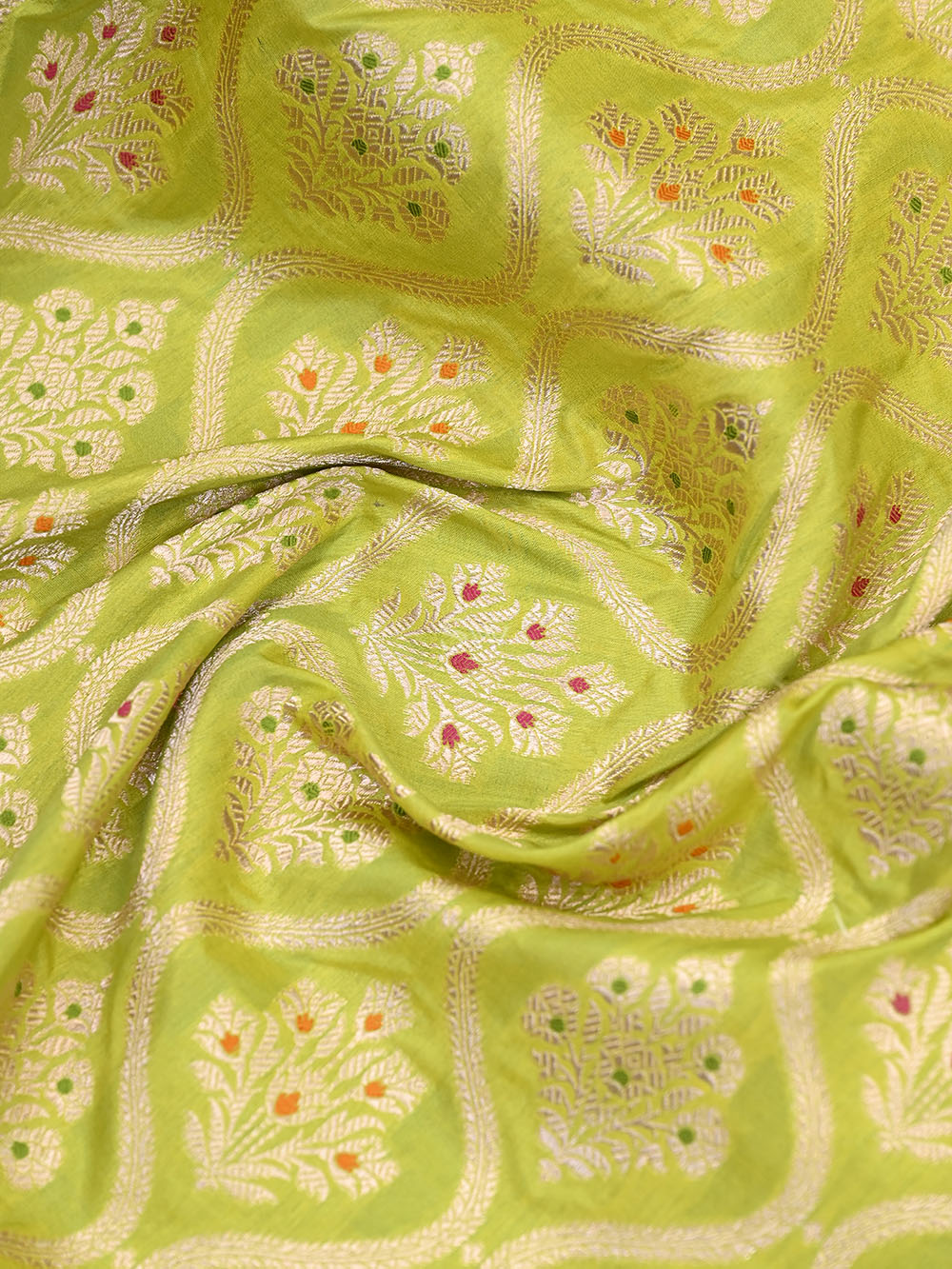 Lime Green Meenakari Uppada Katan Silk Handloom Banarasi Saree - Gift Box - Sacred Weaves