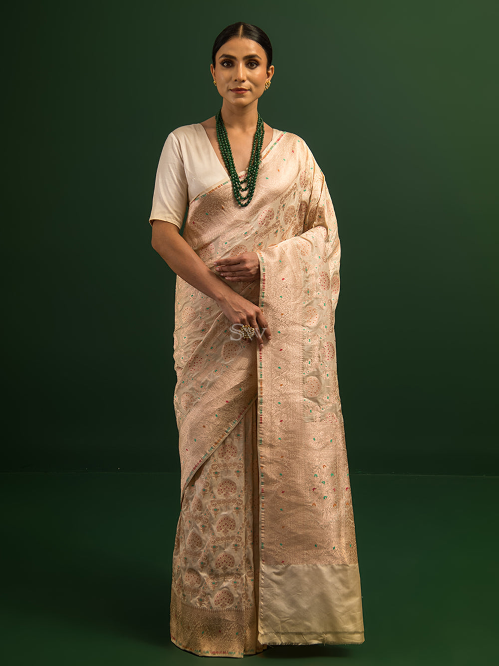 Beige Meenakari Uppada Katan Silk Handloom Banarasi Saree - Sacred Weaves