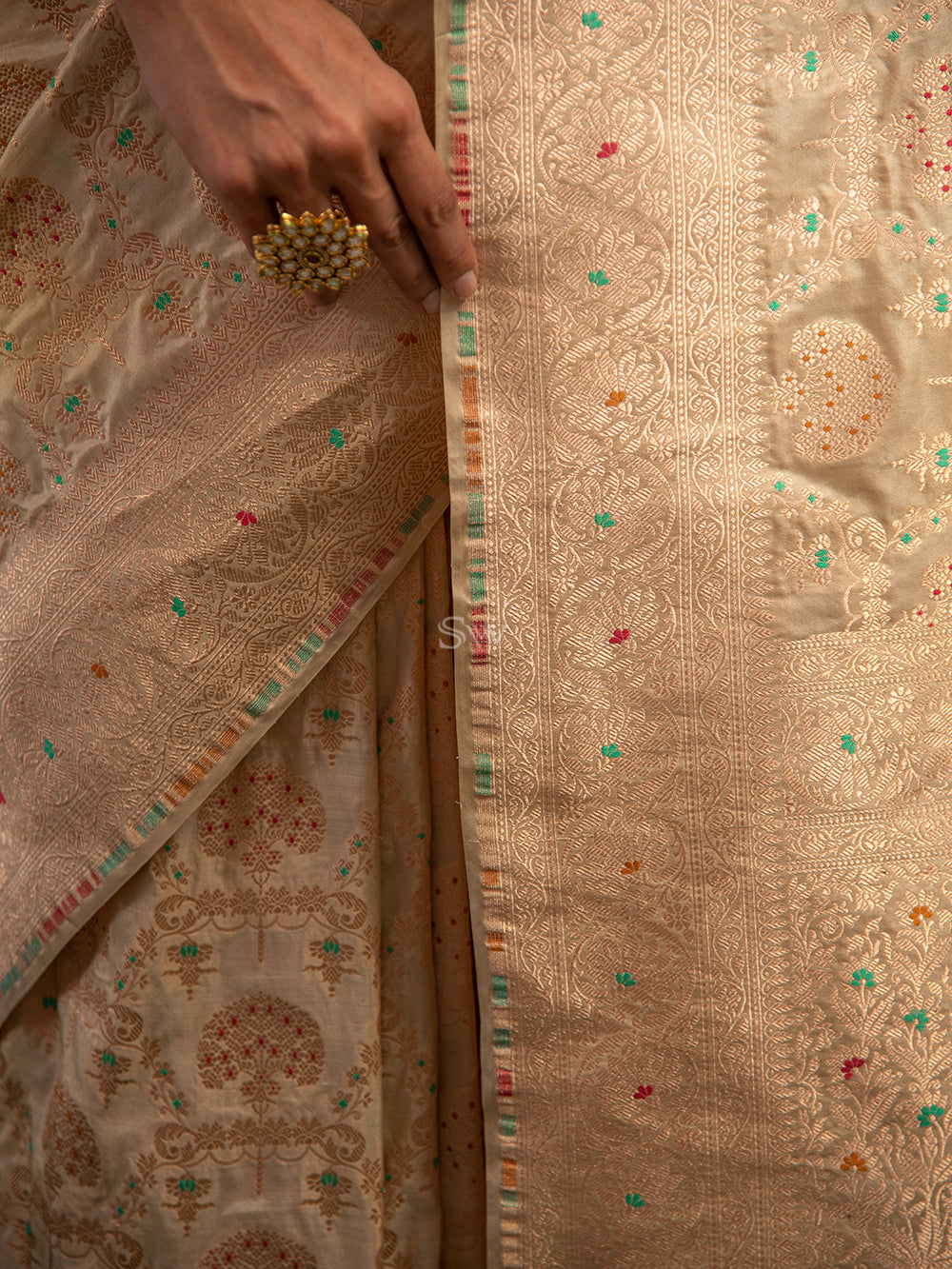 Beige Meenakari Uppada Katan Silk Handloom Banarasi Saree - Sacred Weaves