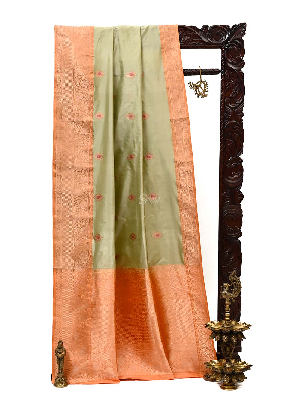 Moss Green Meenakari Boota Katan Silk Handloom Banarasi Saree - Sacred Weaves
