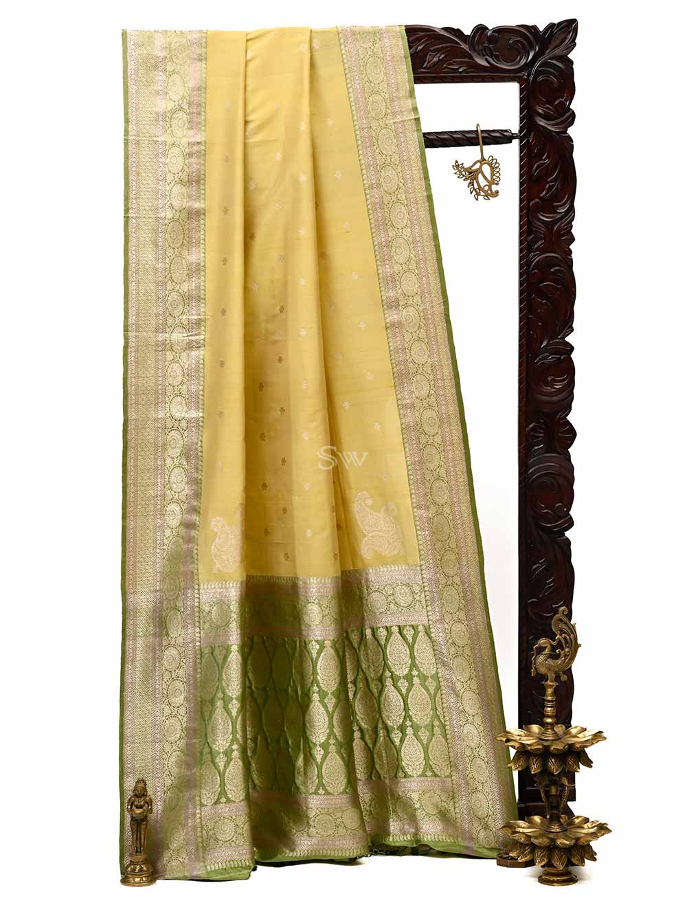 Lime Yellow Konia Booti Tussar Silk Handloom Banarasi Saree - Sacred Weaves