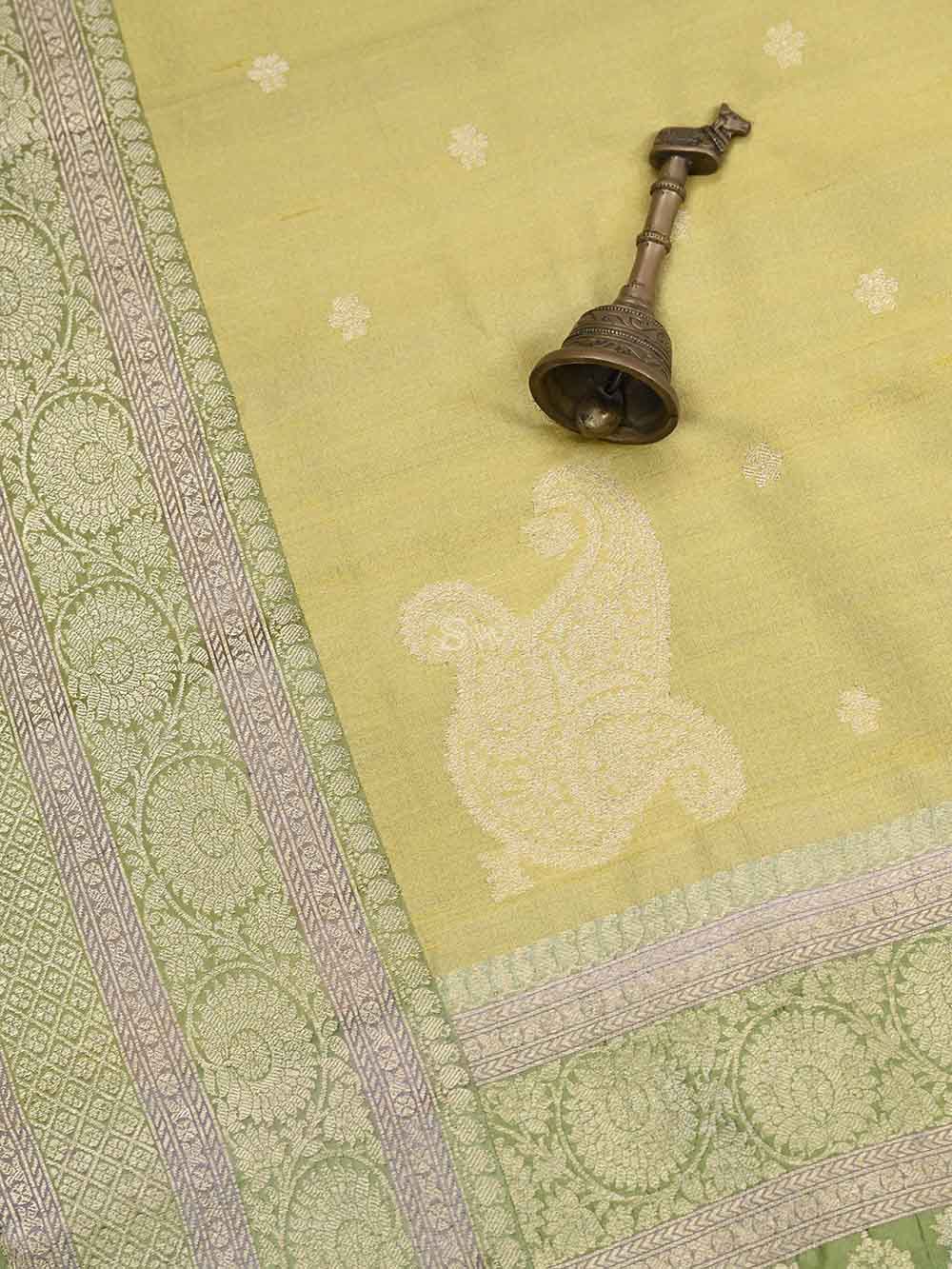 Lime Yellow Konia Booti Tussar Silk Handloom Banarasi Saree - Sacred Weaves