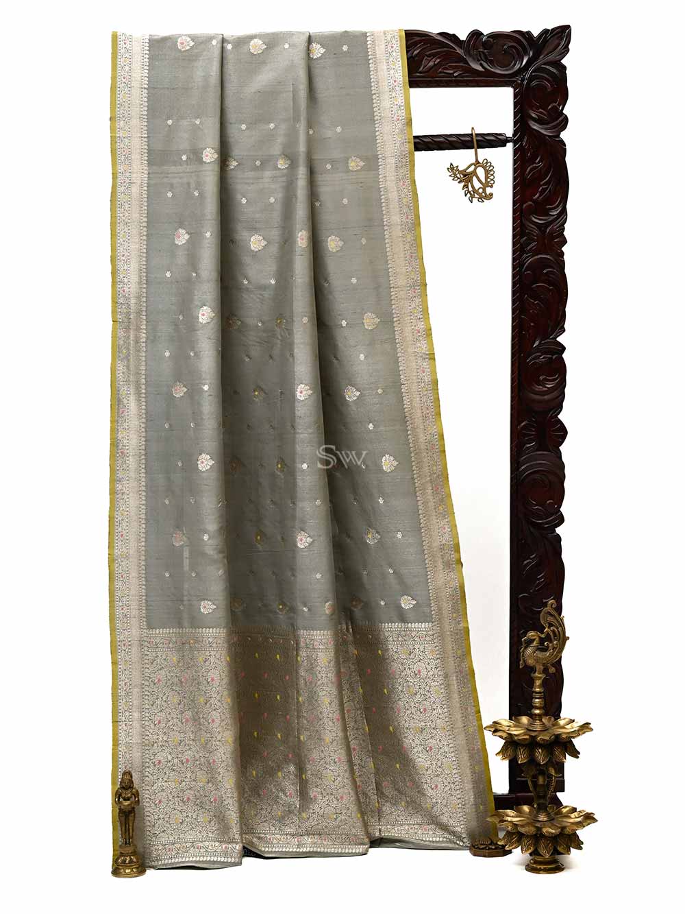 Grey Meenakari Booti Tussar Silk Handloom Banarasi Saree - Sacred Weaves