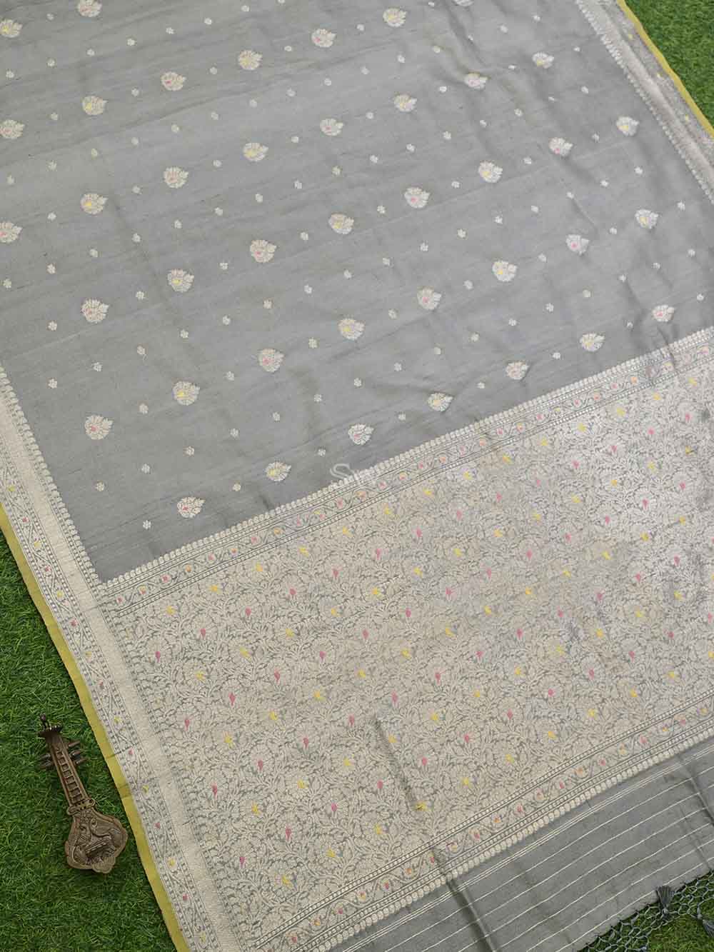 Grey Meenakari Booti Tussar Silk Handloom Banarasi Saree - Sacred Weaves