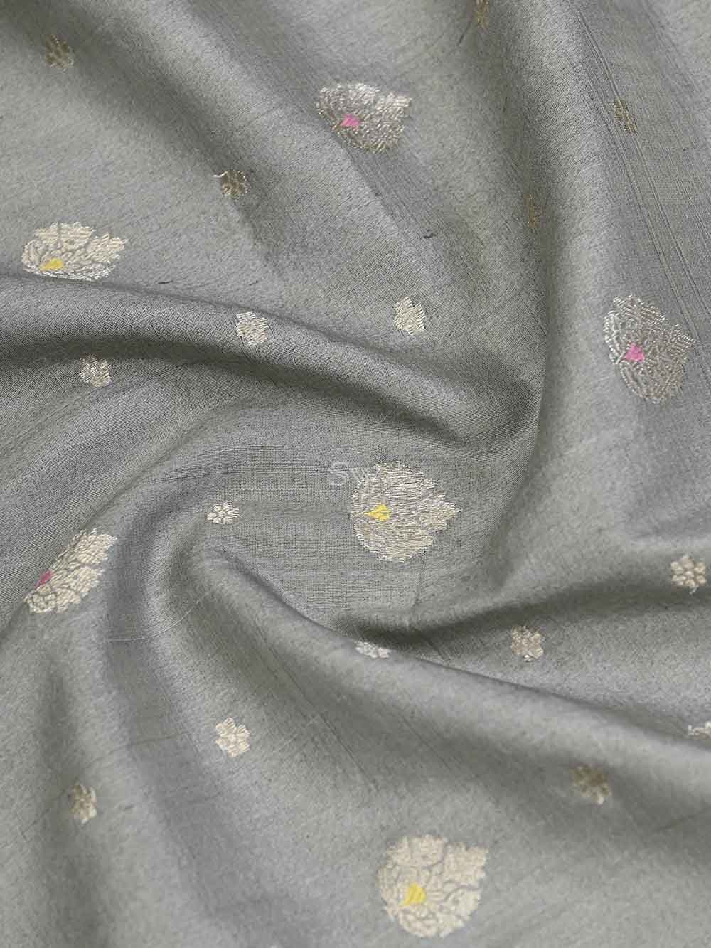 Grey Meenakari Booti Tussar Silk Handloom Banarasi Saree - Sacred Weaves