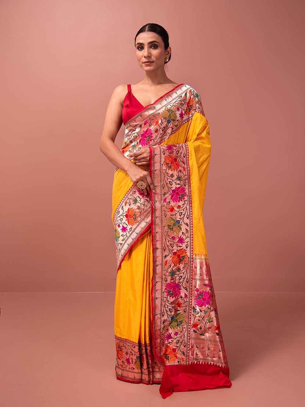 Yellow Paithani Katan Silk Handloom Banarasi Saree - Sacred Weaves