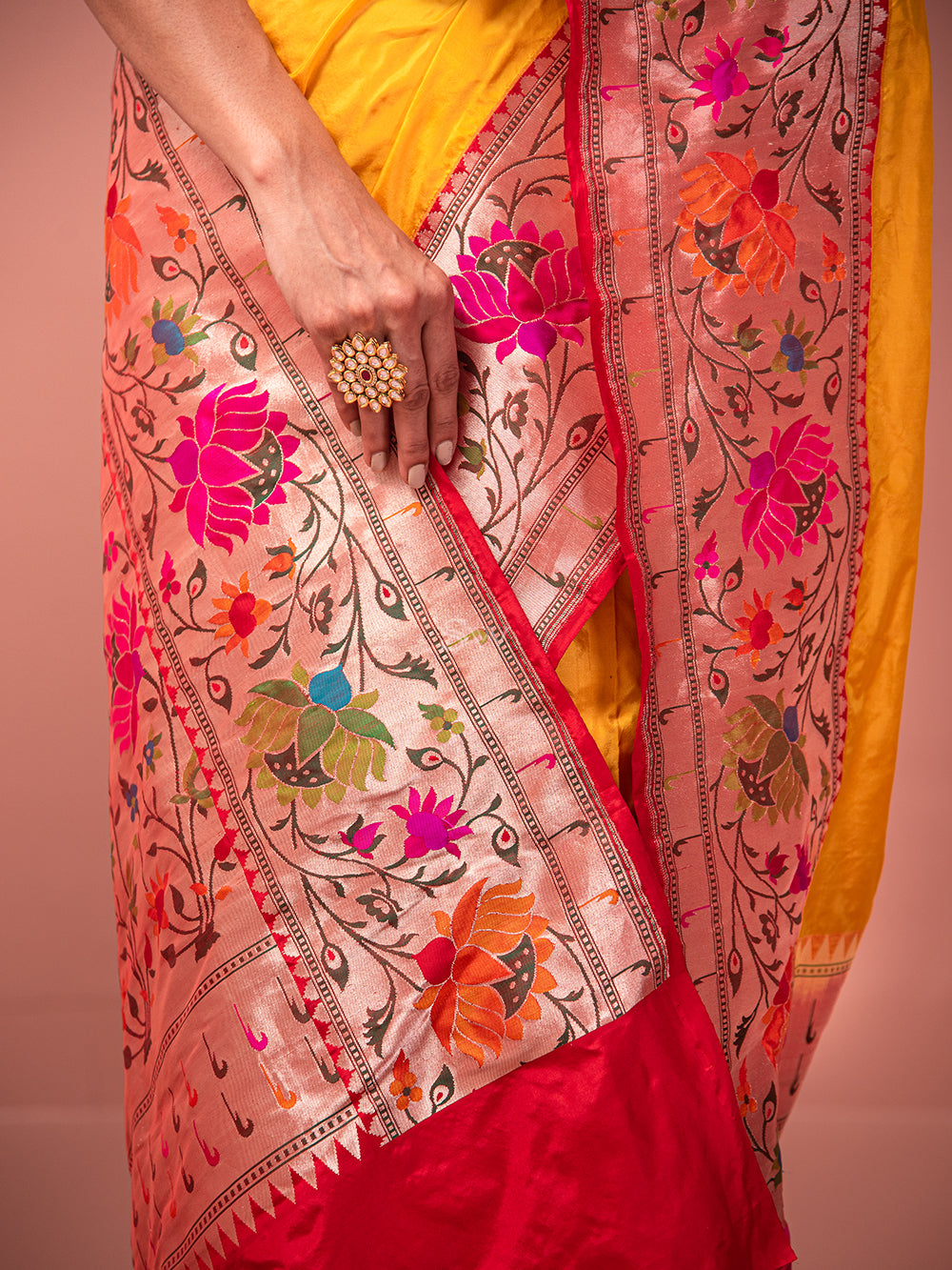 Yellow Paithani Katan Silk Handloom Banarasi Saree - Sacred Weaves