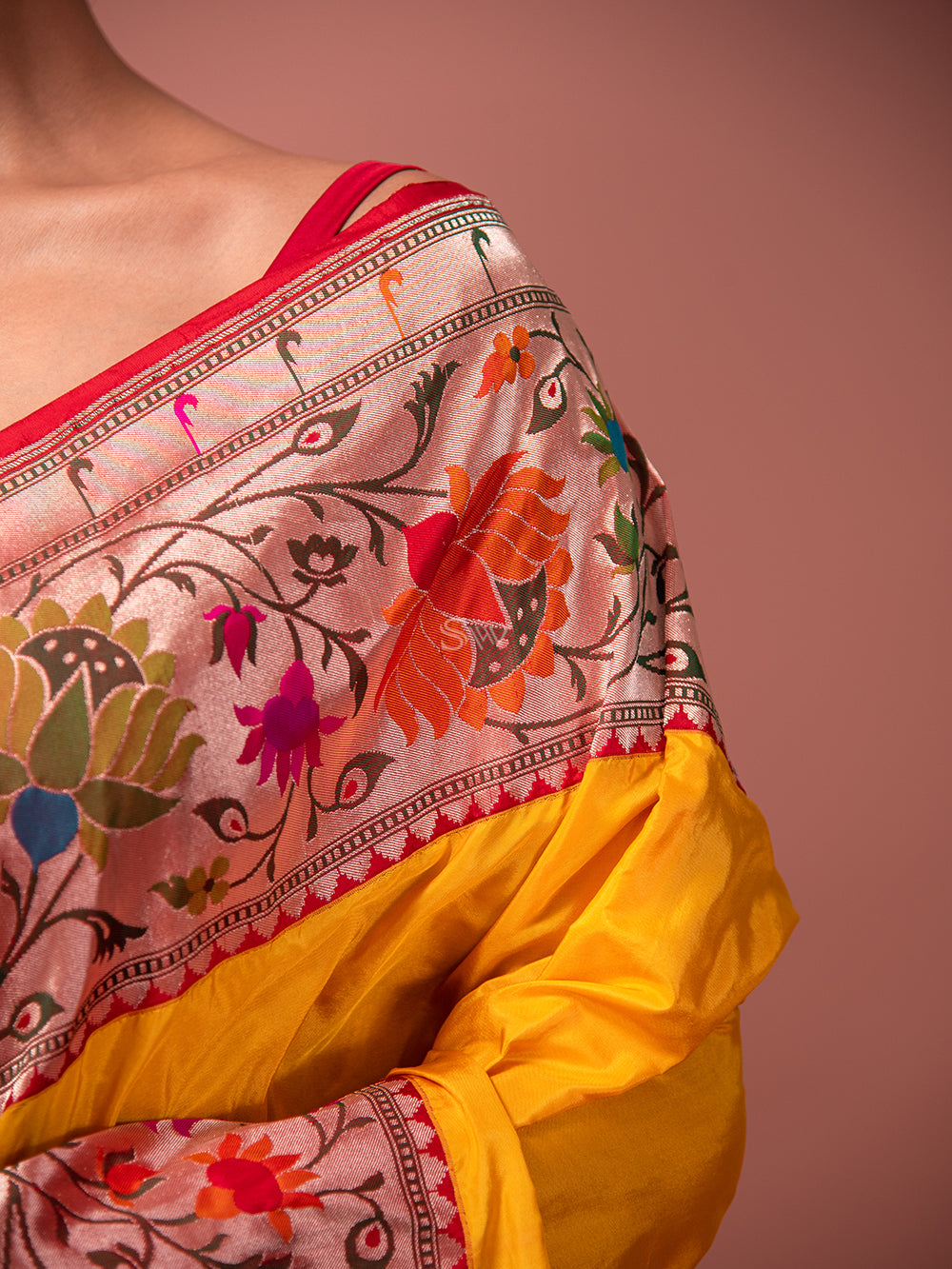 Yellow Paithani Katan Silk Handloom Banarasi Saree - Sacred Weaves