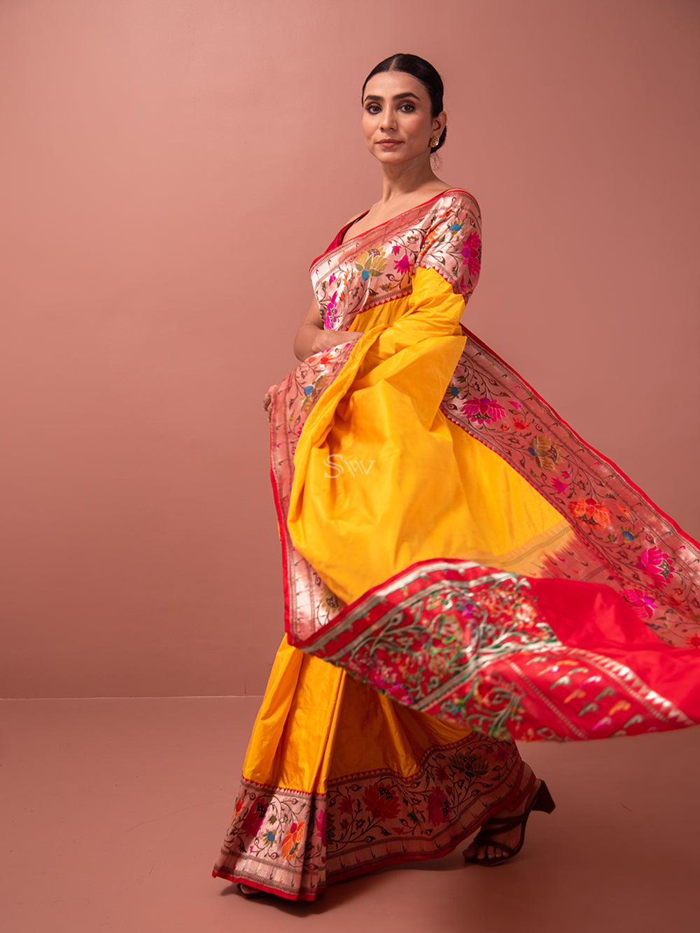 Yellow Paithani Katan Silk Handloom Banarasi Saree - Sacred Weaves