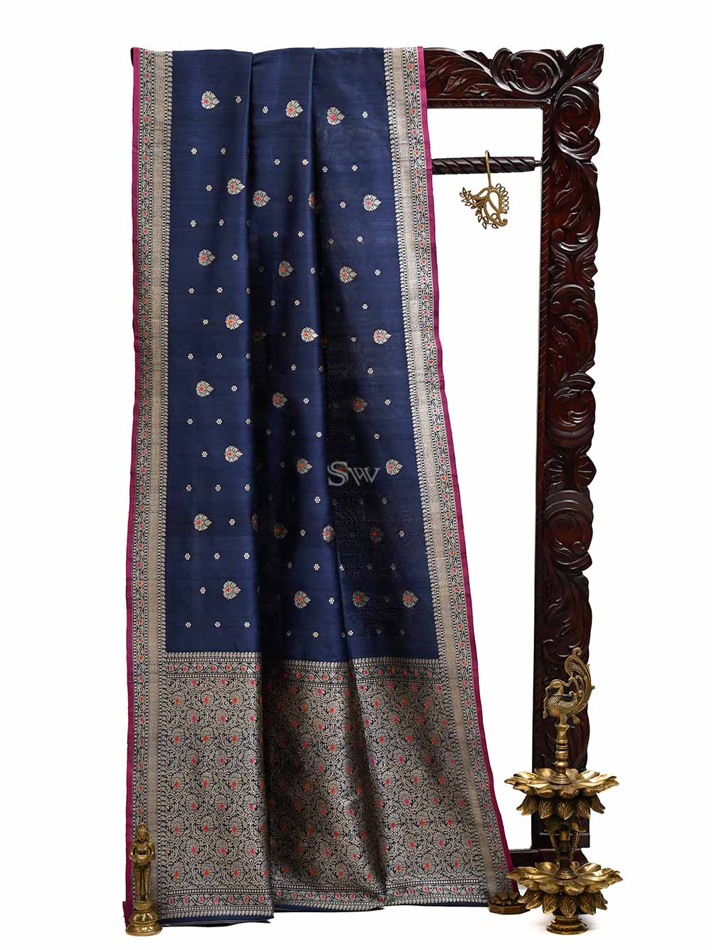Navy Blue Meenakari Booti Tussar Silk Handloom Banarasi Saree - Sacred Weaves