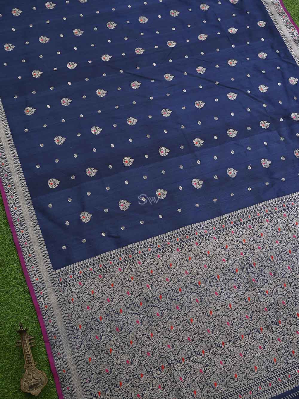 Navy Blue Meenakari Booti Tussar Silk Handloom Banarasi Saree - Sacred Weaves