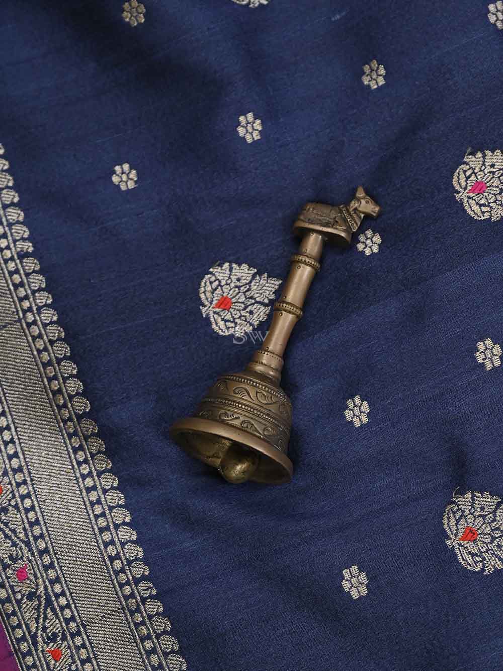 Navy Blue Meenakari Booti Tussar Silk Handloom Banarasi Saree - Sacred Weaves