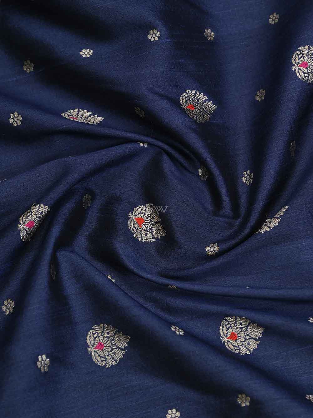 Navy Blue Meenakari Booti Tussar Silk Handloom Banarasi Saree - Sacred Weaves