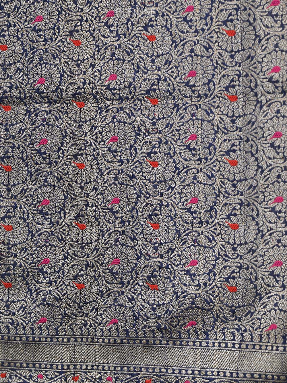 Navy Blue Meenakari Booti Tussar Silk Handloom Banarasi Saree - Sacred Weaves