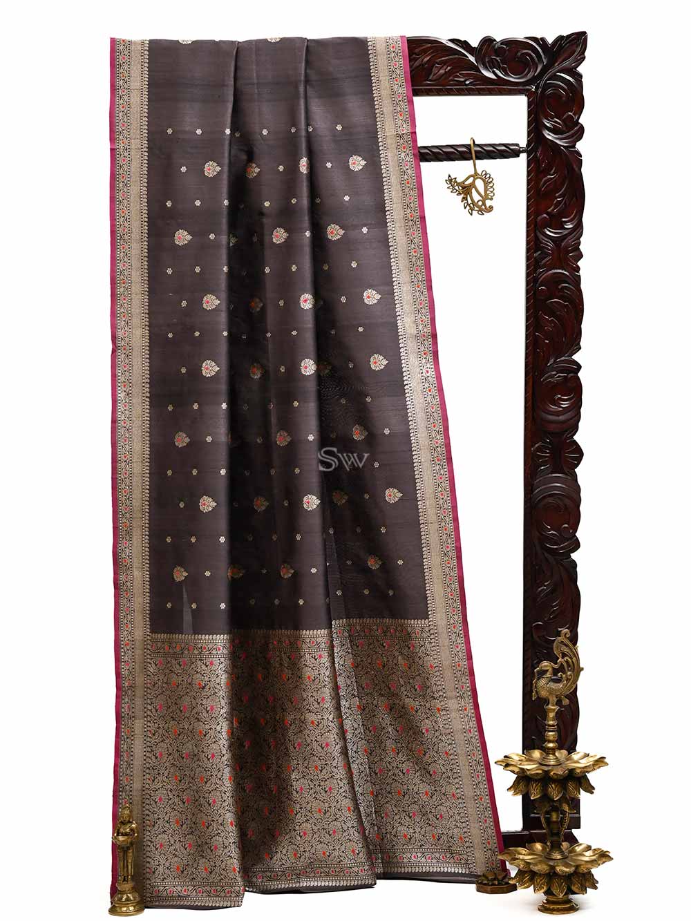 Dark Brown Meenakari Booti Tussar Silk Handloom Banarasi Saree - Sacred Weaves