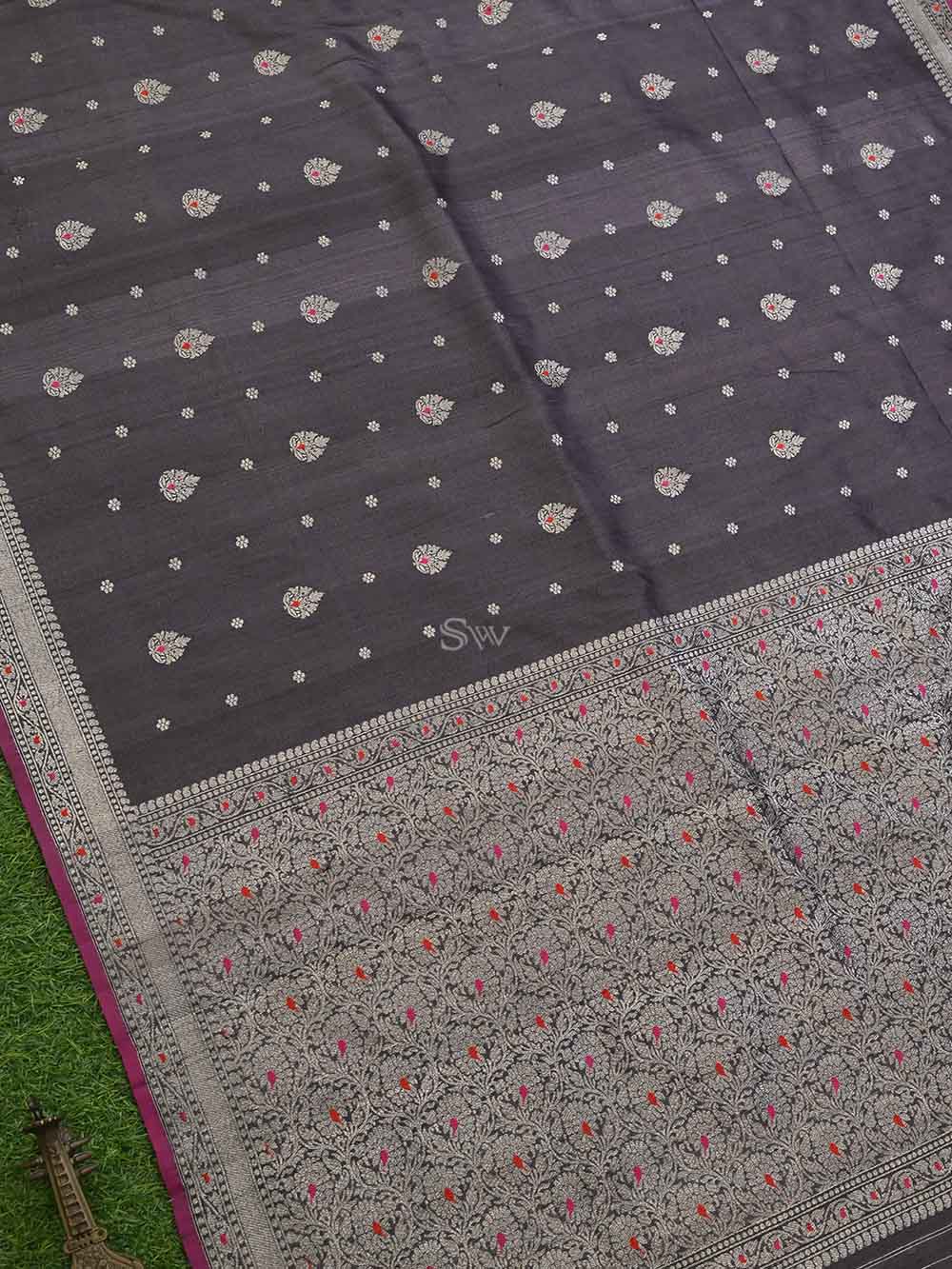Dark Brown Meenakari Booti Tussar Silk Handloom Banarasi Saree - Sacred Weaves