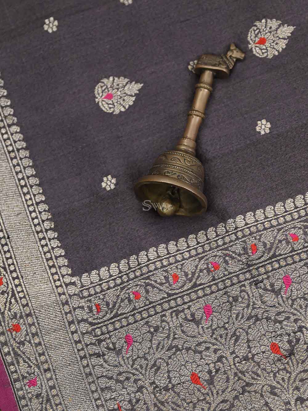 Dark Brown Meenakari Booti Tussar Silk Handloom Banarasi Saree - Sacred Weaves