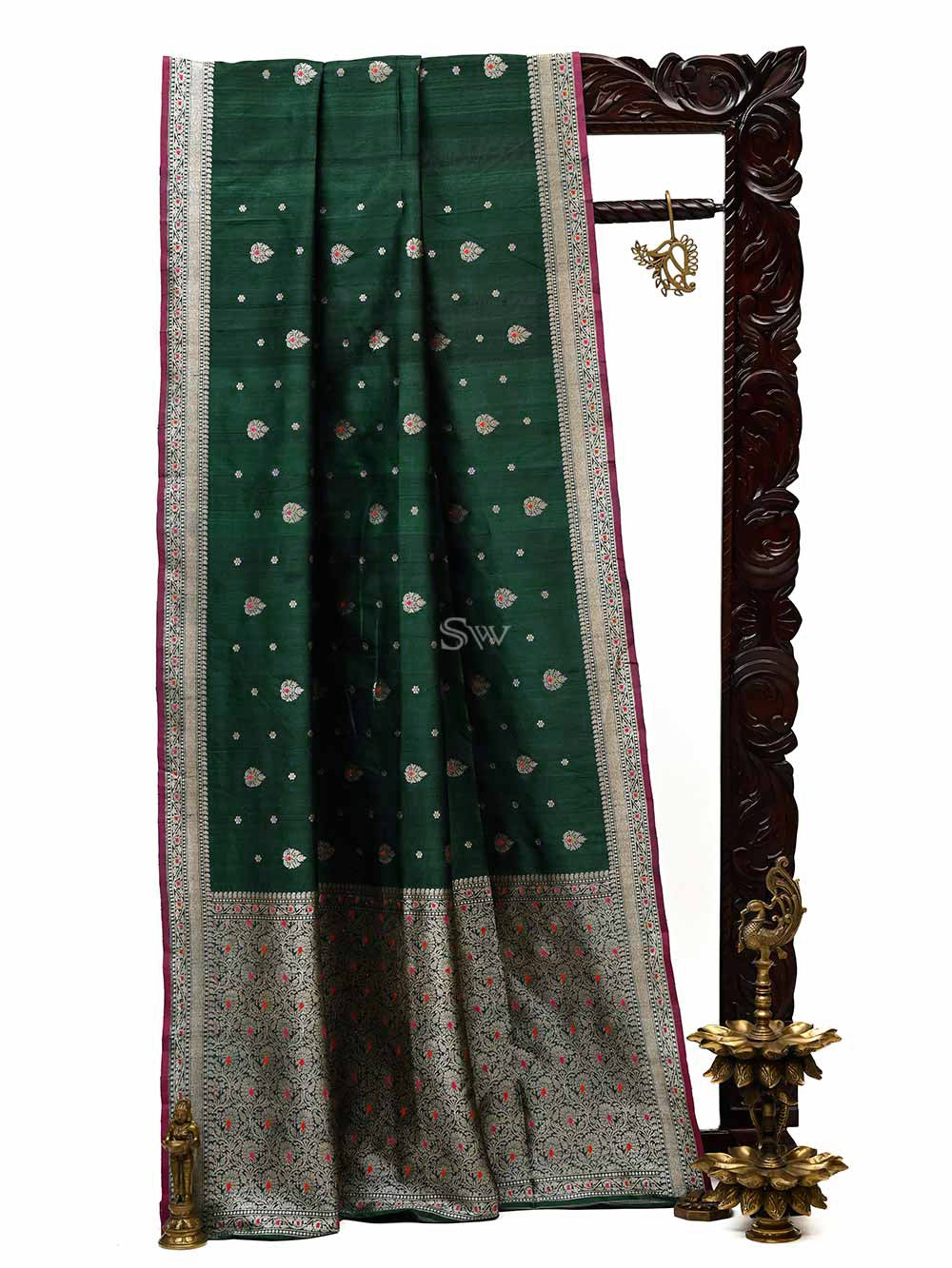 Bottle Green Meenakari Booti Tussar Silk Handloom Banarasi Saree - Sacred Weaves