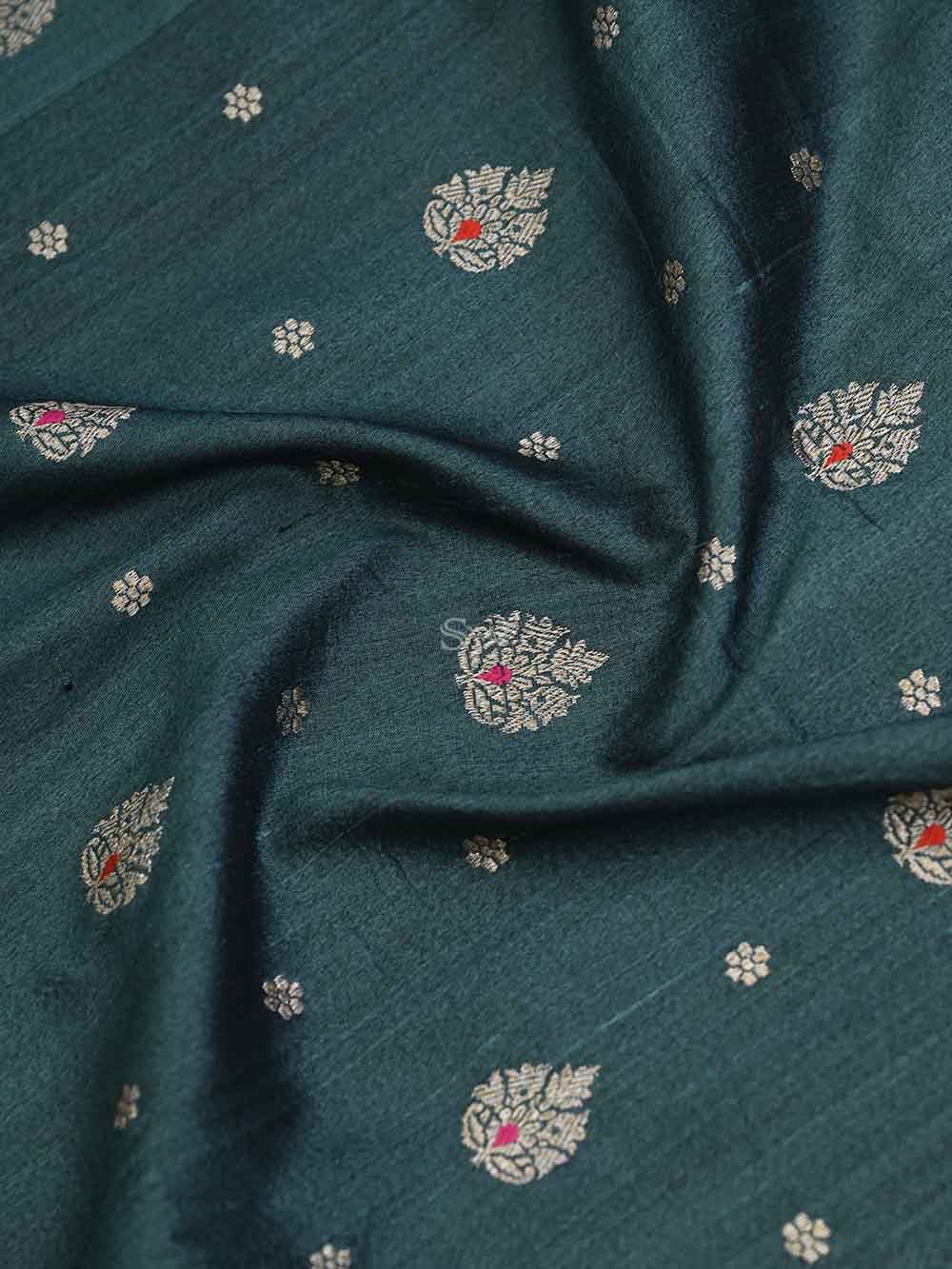 Bottle Green Meenakari Booti Tussar Silk Handloom Banarasi Saree - Sacred Weaves