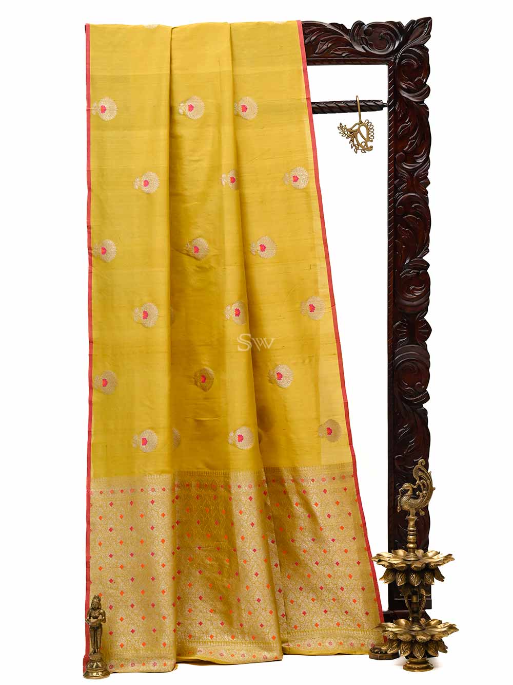 Mustard Meenakari Boota Tussar Silk Handloom Banarasi Saree - Sacred Weaves