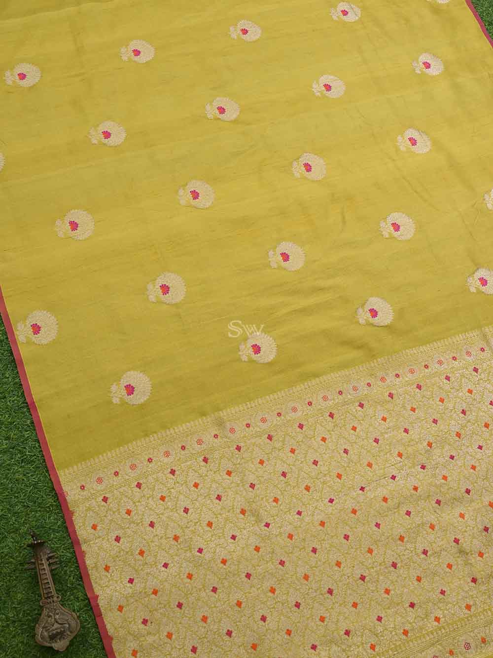 Mustard Meenakari Boota Tussar Silk Handloom Banarasi Saree - Sacred Weaves