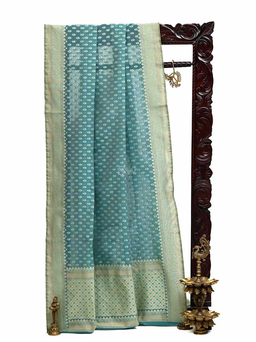 Turquoise Blue Booti Cotton Silk Handloom Banarasi Saree - Sacred Weaves