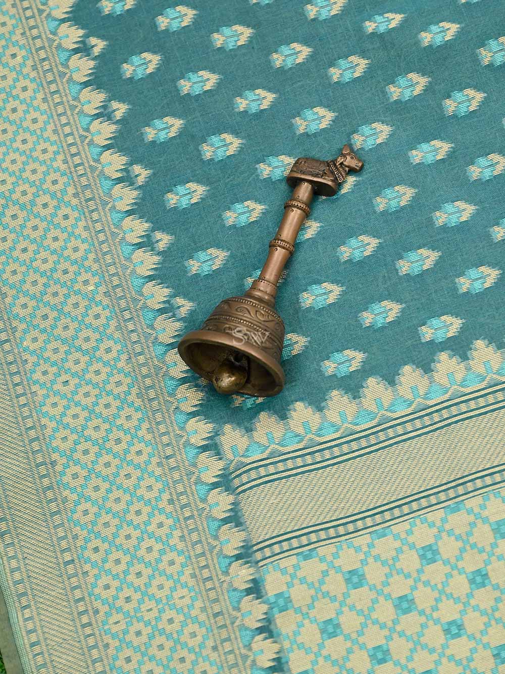 Turquoise Blue Booti Cotton Silk Handloom Banarasi Saree - Sacred Weaves