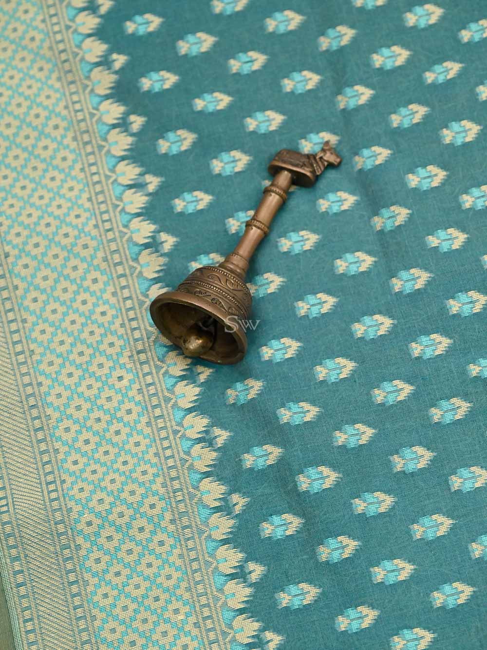 Turquoise Blue Booti Cotton Silk Handloom Banarasi Saree - Sacred Weaves