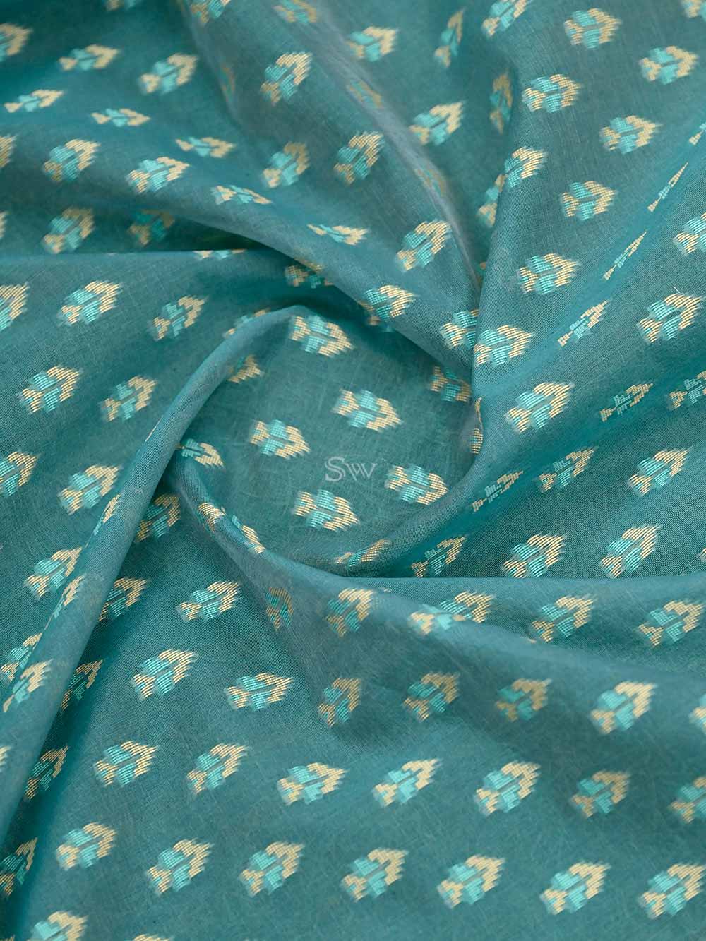 Turquoise Blue Booti Cotton Silk Handloom Banarasi Saree - Sacred Weaves