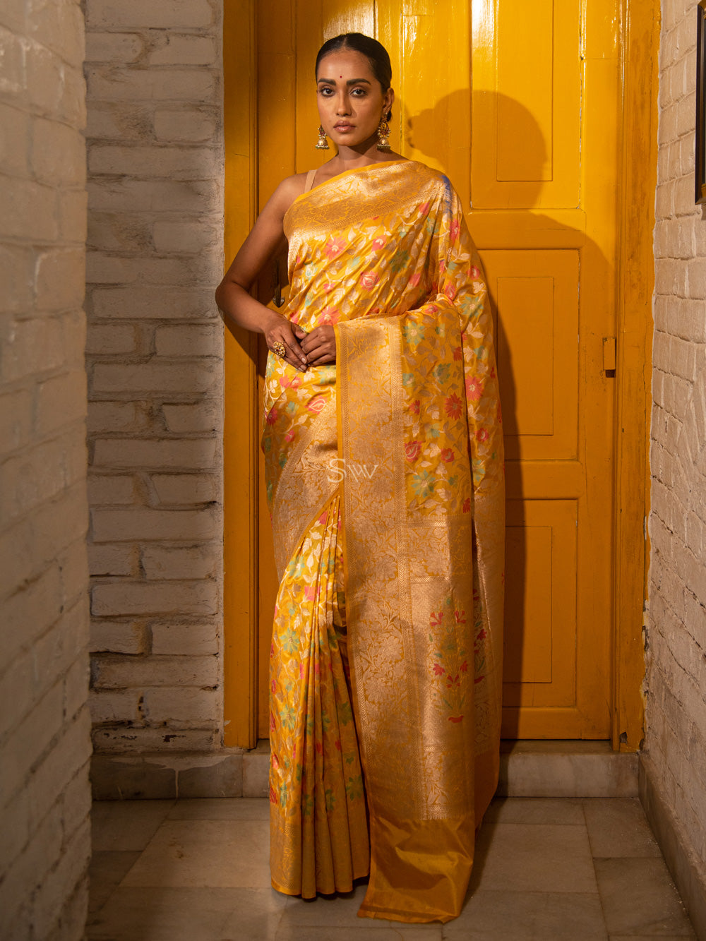 Yellow Meenakari Uppada Katan Silk Handloom Banarasi Saree - Sacred Weaves