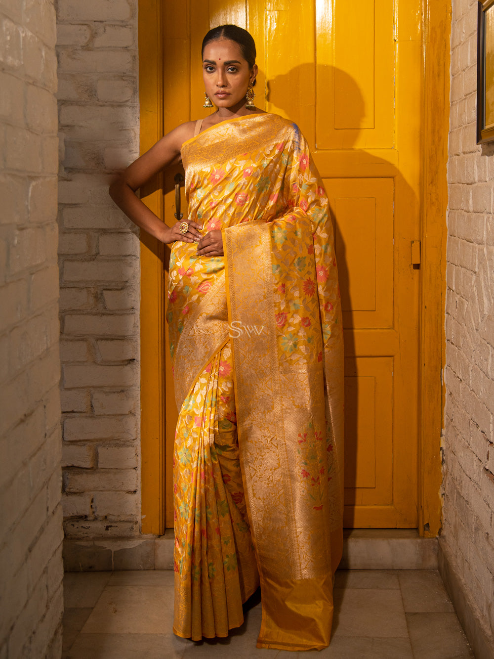 Yellow Meenakari Uppada Katan Silk Handloom Banarasi Saree - Sacred Weaves