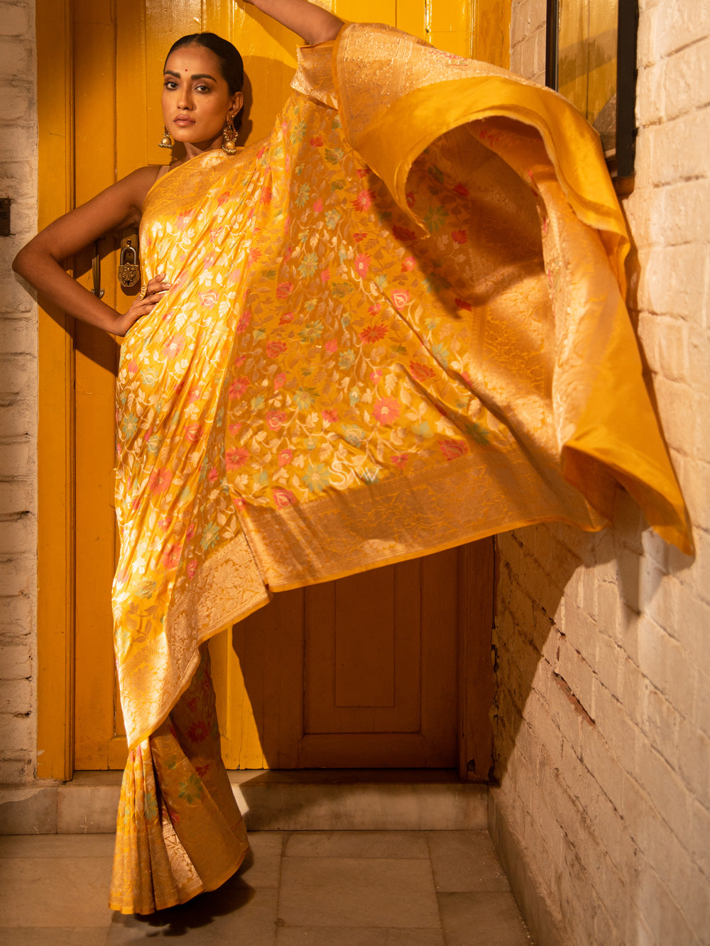 Yellow Meenakari Uppada Katan Silk Handloom Banarasi Saree - Sacred Weaves