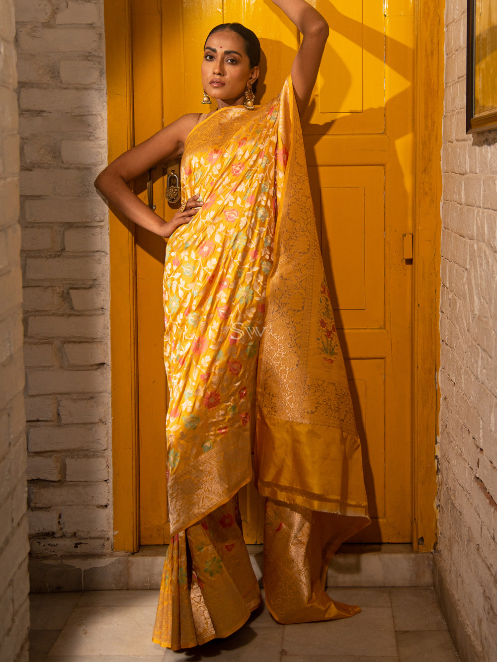 Yellow Meenakari Uppada Katan Silk Handloom Banarasi Saree - Sacred Weaves
