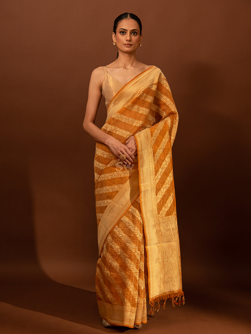 Orange Leheriya Crush Tissue Handloom Banarasi Saree - Sacred Weaves