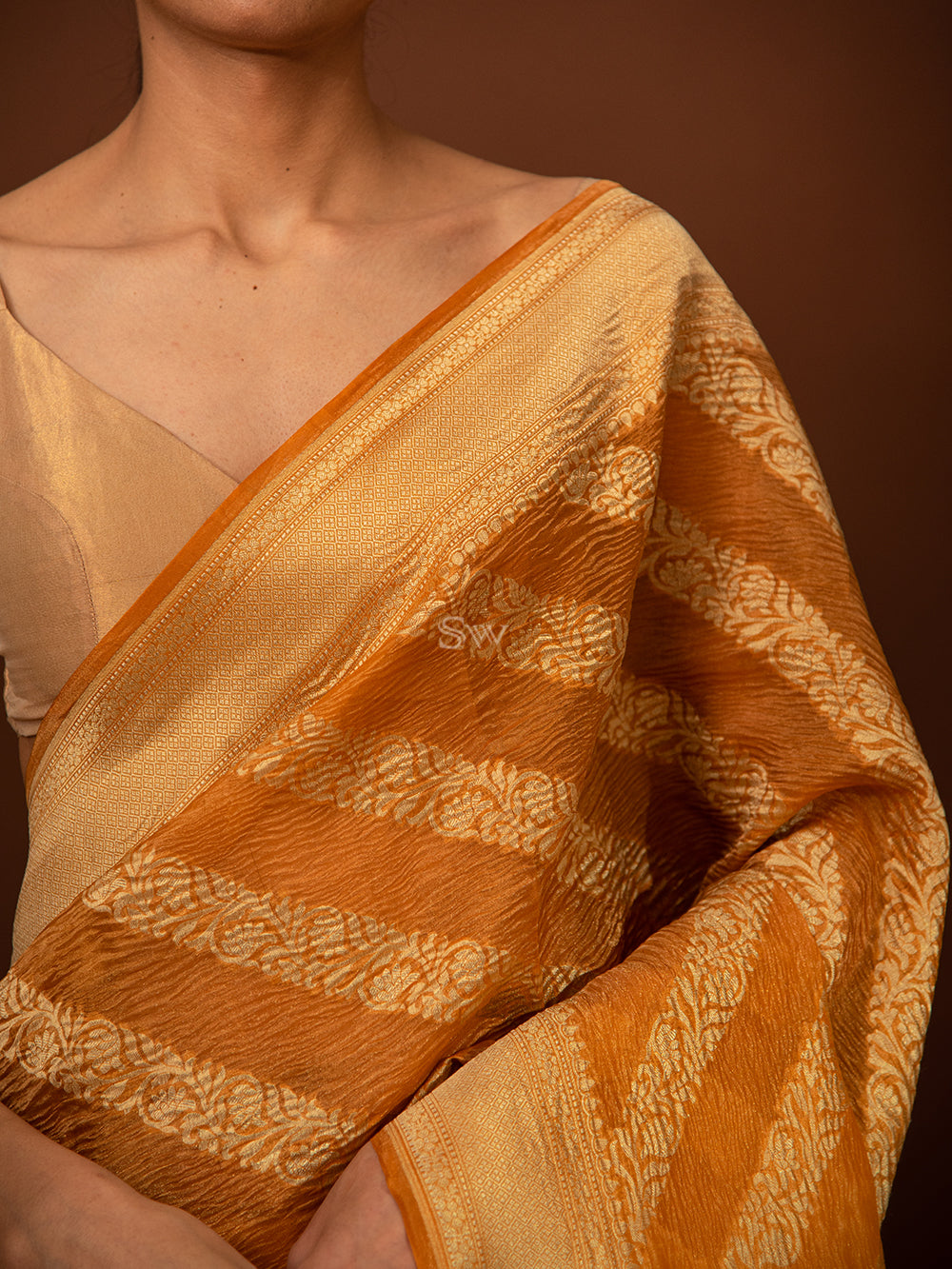 Orange Leheriya Crush Tissue Handloom Banarasi Saree - Sacred Weaves