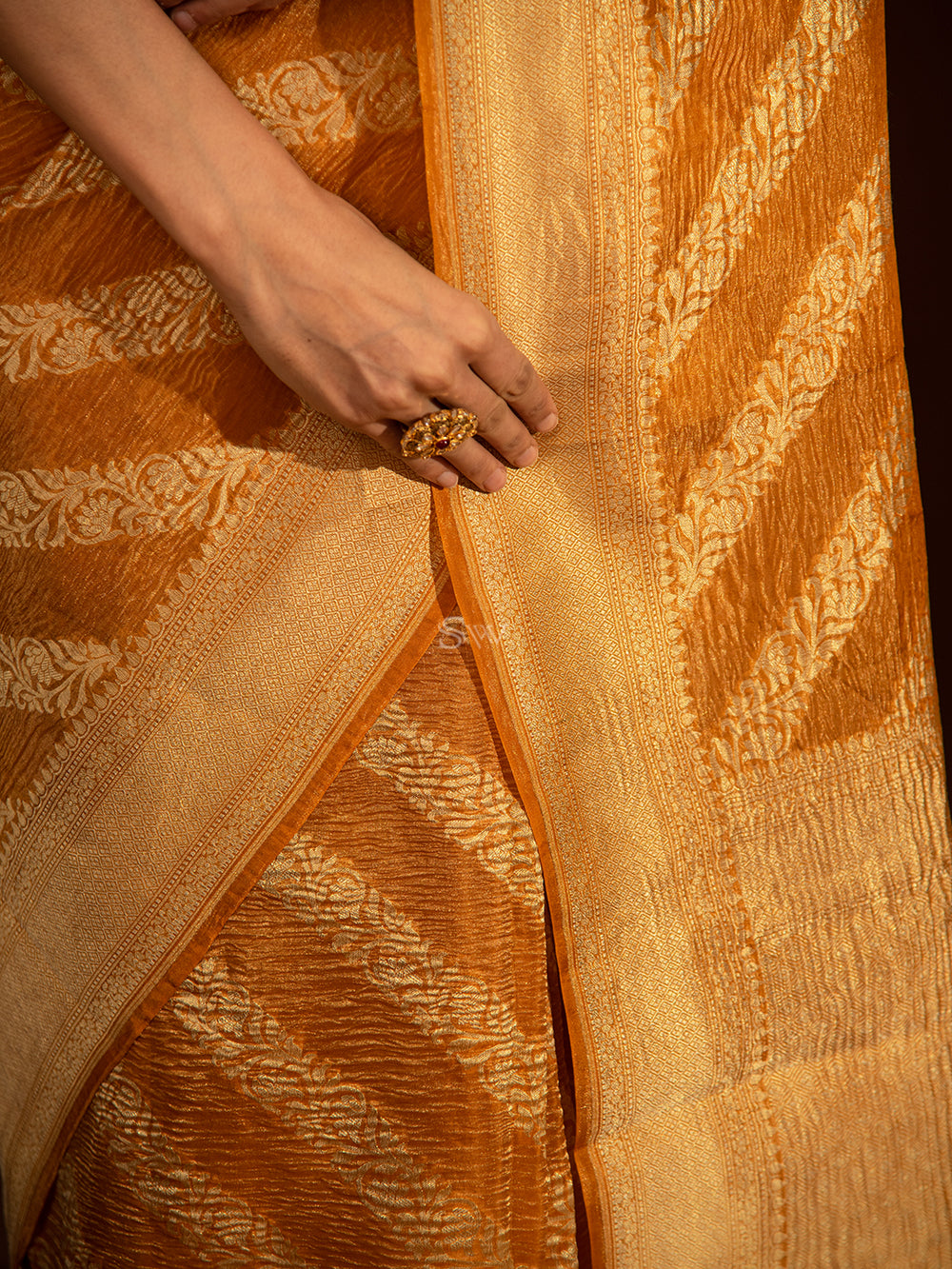 Orange Leheriya Crush Tissue Handloom Banarasi Saree - Sacred Weaves